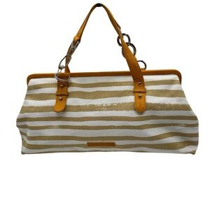 BCBG Maxazria Audrina Striped Tan Canvas and Leather Stripe Satchel Purse‎ Bag